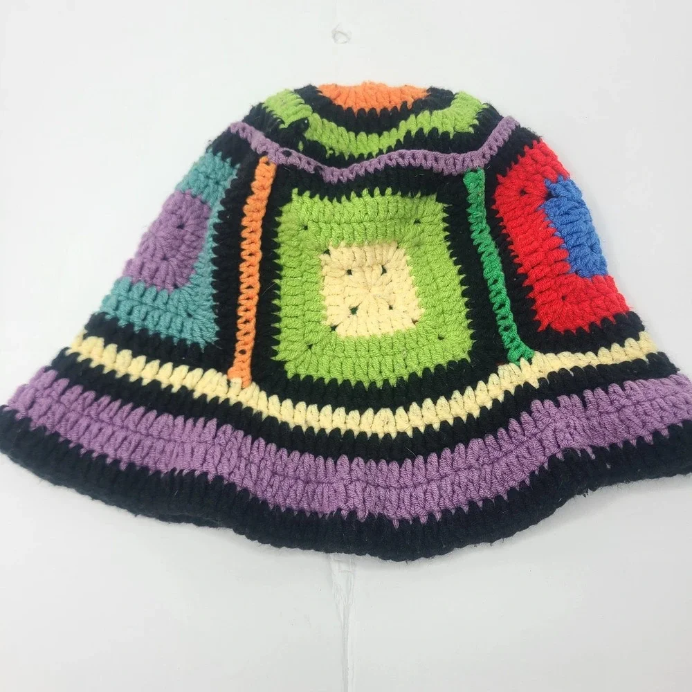 Handmade Crochet Granny Square Bucket Hat Multicolor Boho Festival Retro Style